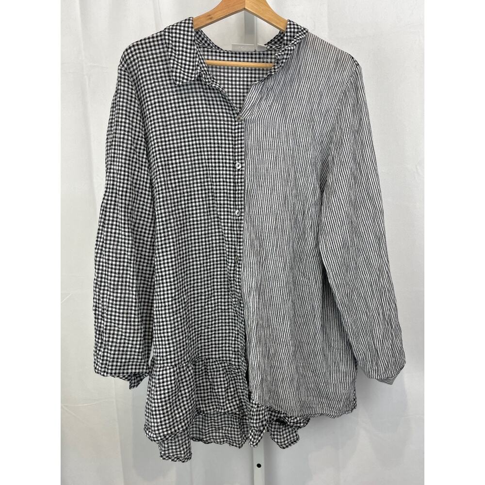 LOGO Lori Goldstein  XL Woven Mixed Media Button Up Blouse A366364 Black White